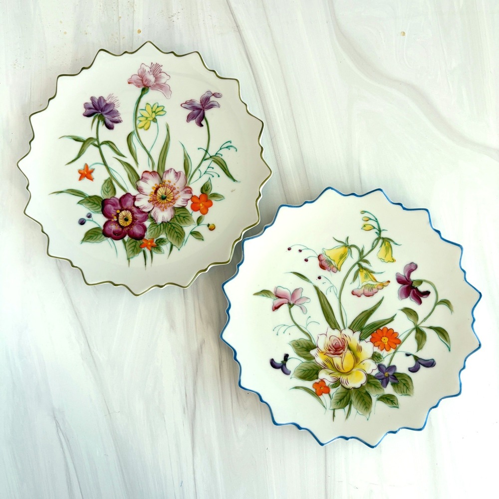 Vintage Norleans Japan Floral Decorative Wall Plates Scalloped Edge Set of 2